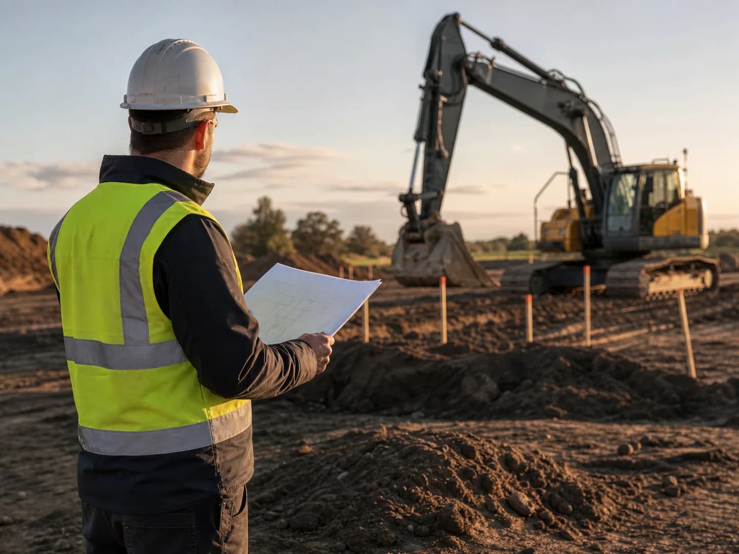 Site supervisor reviewing plans with excavator in the background